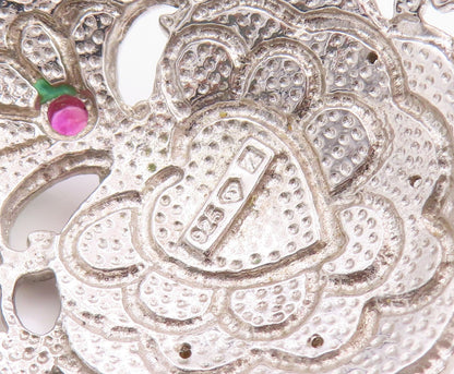925 Sterling Silver Vintage Pendant CZ & Enameled Floral Gemstone Heart  PT24362