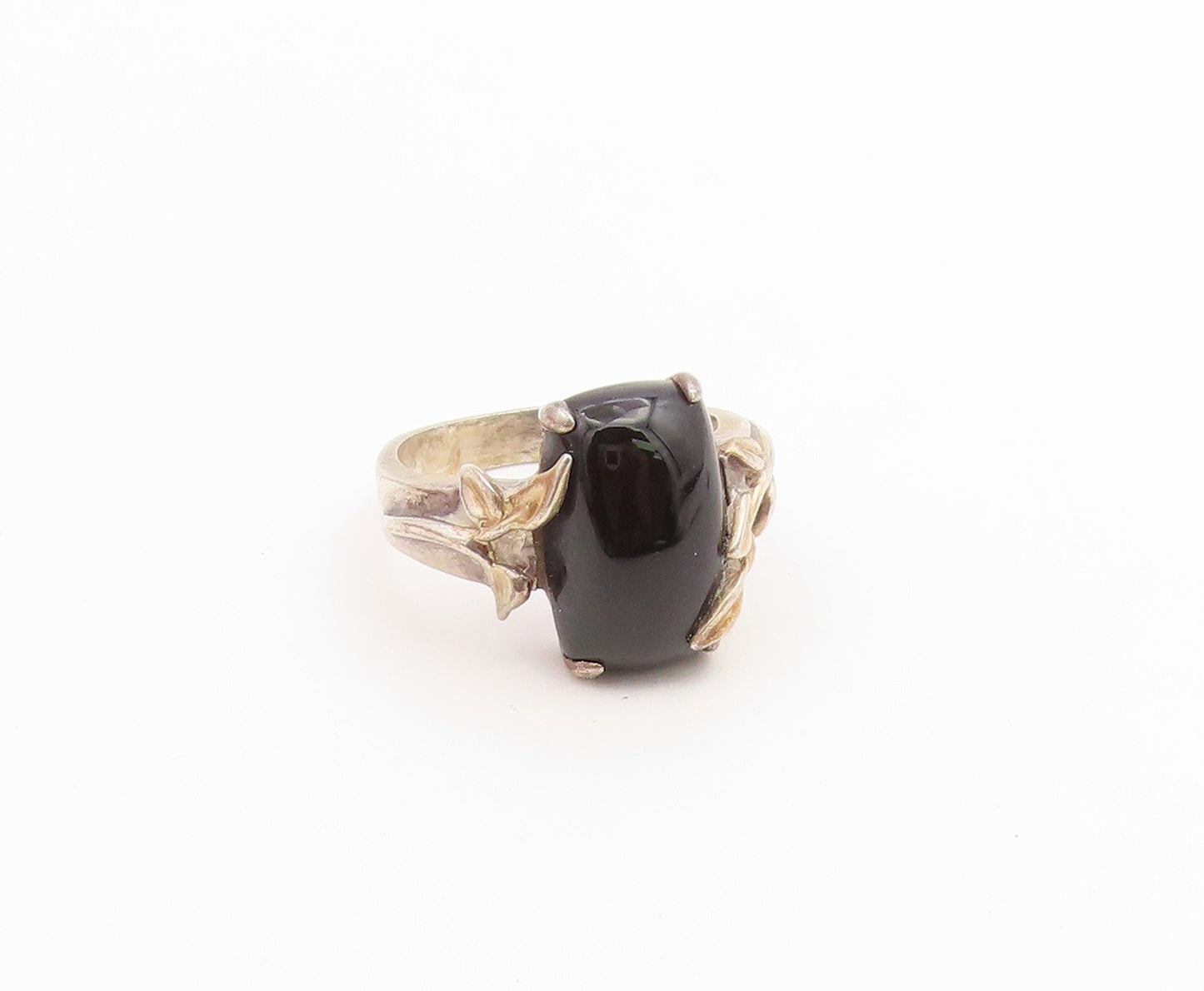 925 Sterling Silver Vintage Ring Black Onyx Botanical Leaf Band  Sz 8.5  RG36760