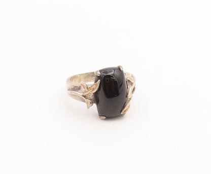 925 Sterling Silver Vintage Ring Black Onyx Botanical Leaf Band  Sz 8.5  RG36760
