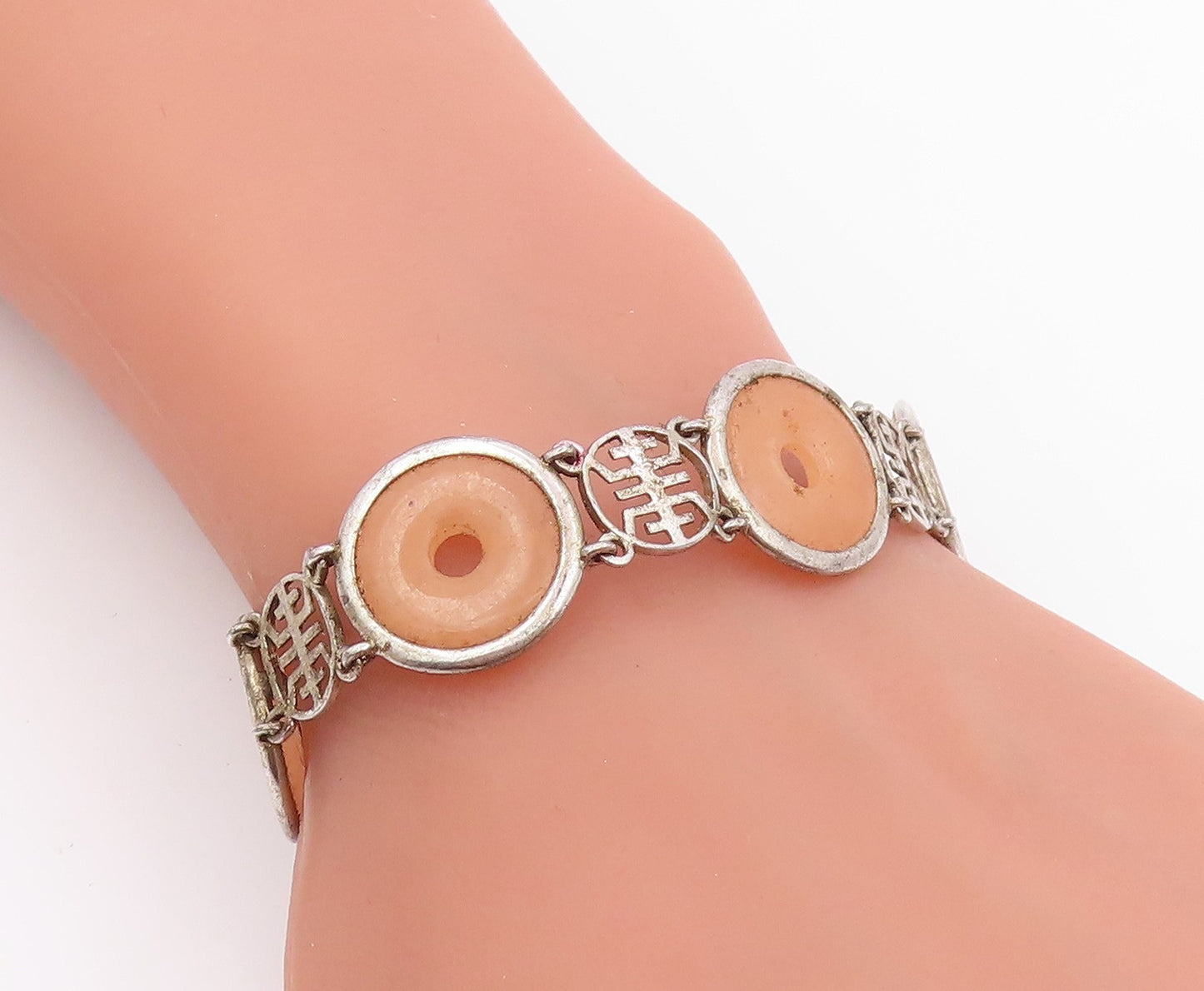 925 Sterling Silver Vintage Bracelet Peach Gemstone Classic Circle Link  BT11982