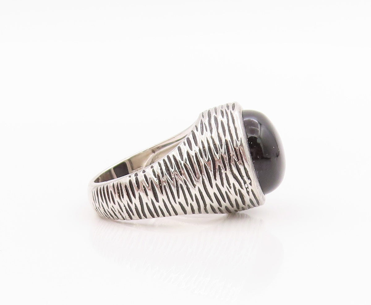 925 Sterling Silver Vintage Ring Grooved Cabochon Round Onyx  Sz 6.5  RG33178