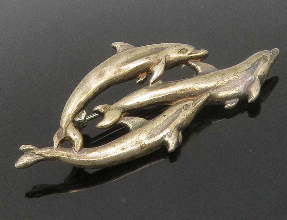 SHUBE 925 Sterling Silver  Vintage Swimming Dolphins Brooch Pin  BP5695