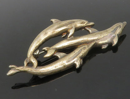 SHUBE 925 Sterling Silver  Vintage Swimming Dolphins Brooch Pin  BP5695