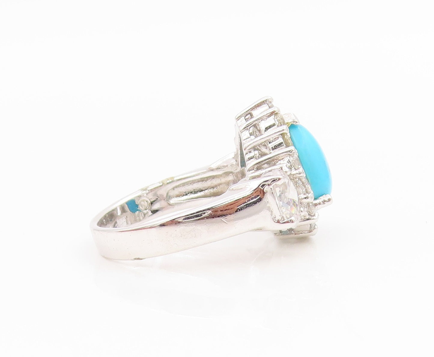 925 Sterling Silver Vintage Ring Pear Cut Turquoise Halo CZ Band  Sz 6  RG34622