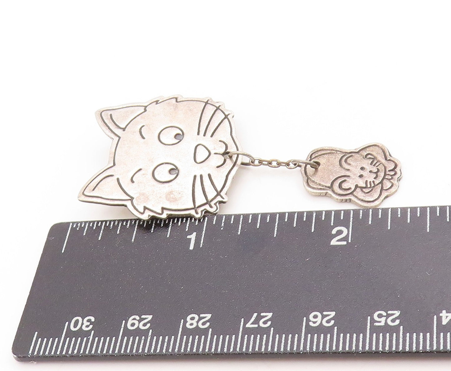 925 Sterling Silver Vintage Brooch MEXICO Frenemies Cat & Mouse Dangle  BP11856