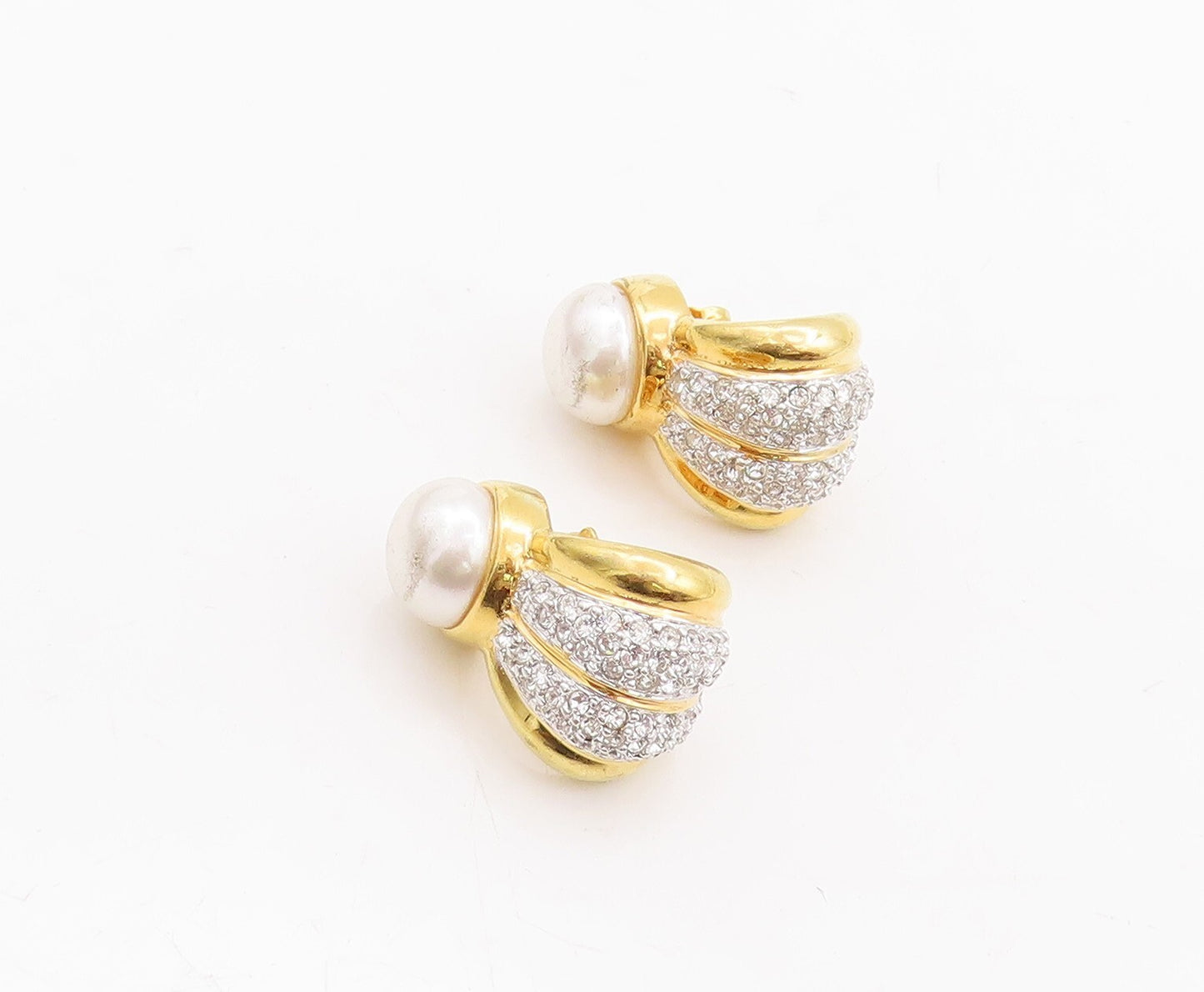 925 Sterling Silver Vintage Earrings Gold Plated Pearl & CZ Inlay  EG13109