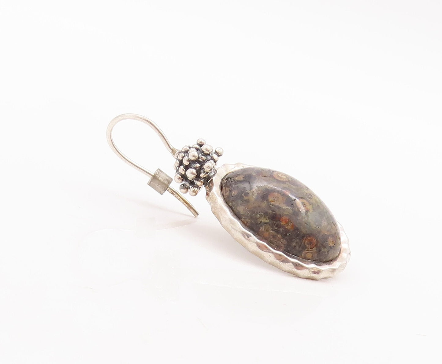 925 Sterling Silver Vintage Earrings Beaded Top Oval Fossil Agate  EG13113