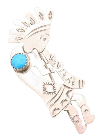 925 Sterling Silver Vintage Brooch Navajo Turquoise Etched Kokopeli  BP11755