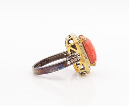 925 Sterling Silver Vintage Ring Orange Gemstone Halo Diamonds  Sz 7  RG29216