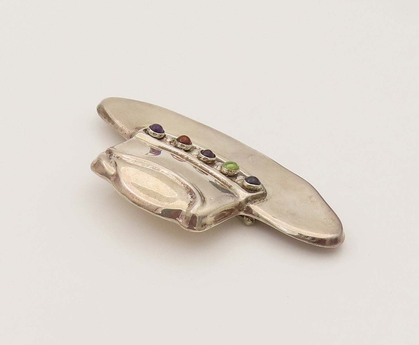 925 Silver  Vintage Heavy Cabochon Amethyst & Gemstones Hat Brooch Pin BP10266