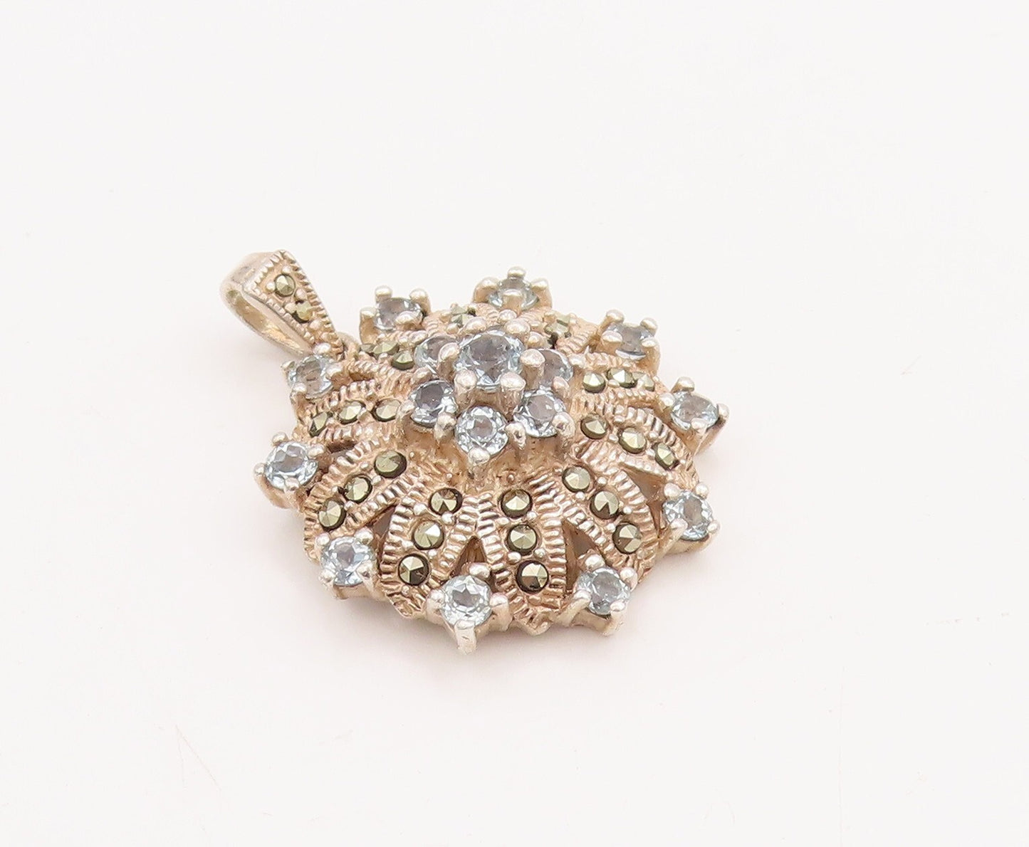 925 Sterling Silver Vintage Pendant Floral Carved Blue CZ Inlay  PT23299
