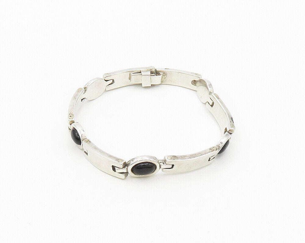 925 Sterling Silver  Vintage Cabochon Cut Black Onyx Chain Bracelet  BT7647