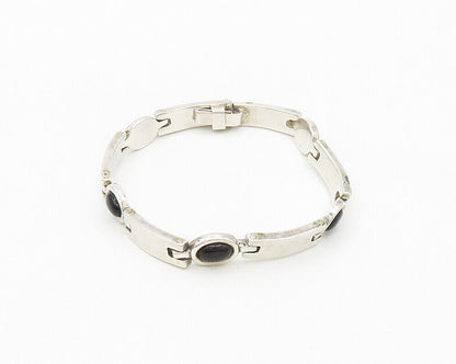 925 Sterling Silver  Vintage Cabochon Cut Black Onyx Chain Bracelet  BT7647