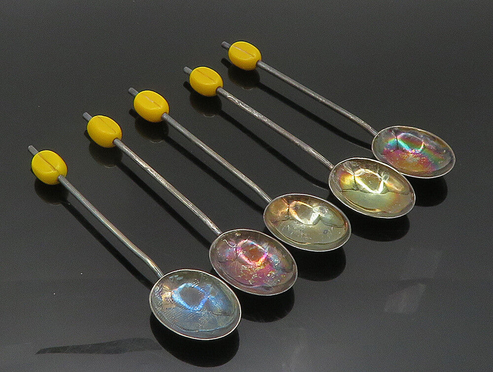 ENGLAND 925 Silver  Vintage Five Piece Yellow Enamel Rainbow Spoon Set  TR3312