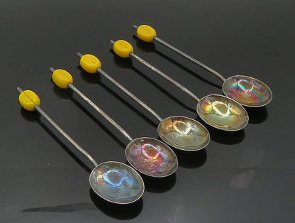ENGLAND 925 Silver  Vintage Five Piece Yellow Enamel Rainbow Spoon Set  TR3312