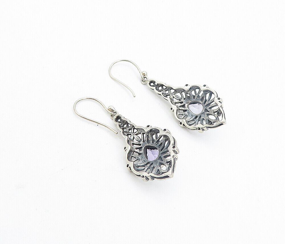 925 Sterling Silver  Vintage Tear Drop Amethyst Floral Dangle Earrings  EG3607