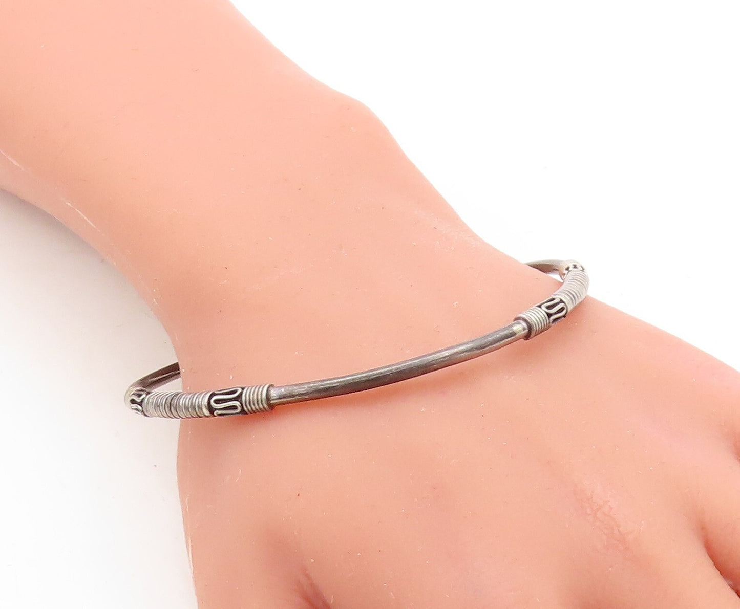 BALI 925 Sterling Silver Vintage Swirl Wire Wrapped Bangle Bracelet BT1196