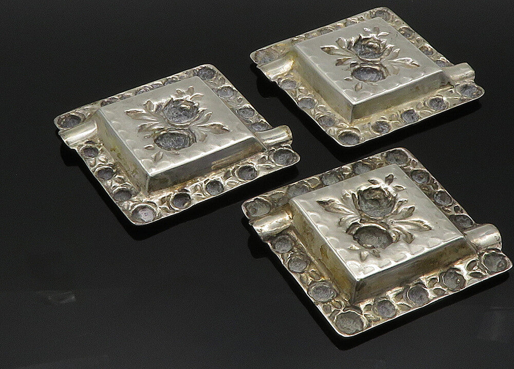 925 Sterling Silver  Vintage Shiny 3 Piece Floral Ash Tray Set  TR2851