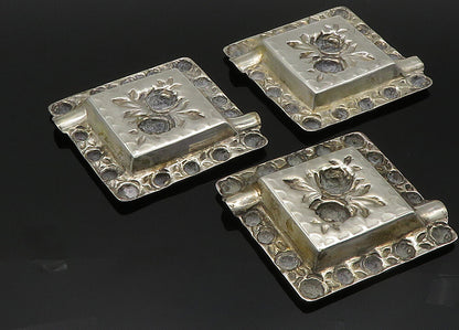 925 Sterling Silver  Vintage Shiny 3 Piece Floral Ash Tray Set  TR2851