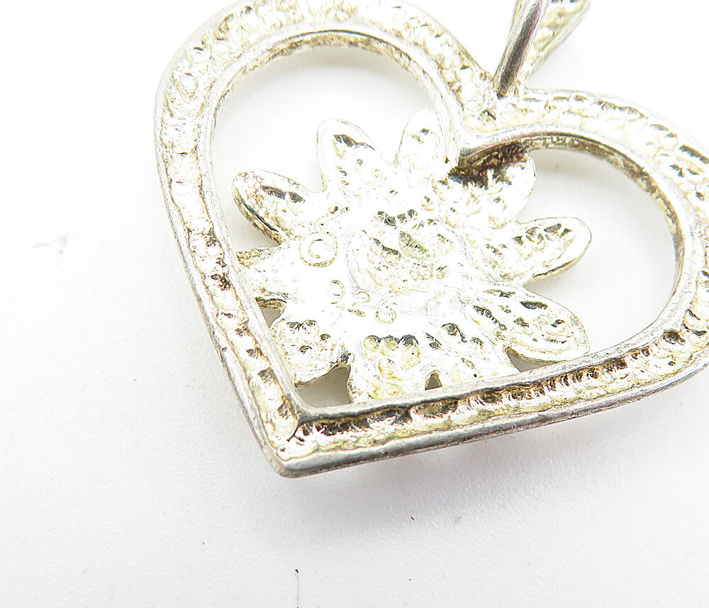 925 Sterling Silver  Vintage Shiny Sunflower Open Love Heart Pendant  PT4672