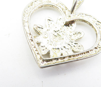 925 Sterling Silver  Vintage Shiny Sunflower Open Love Heart Pendant  PT4672
