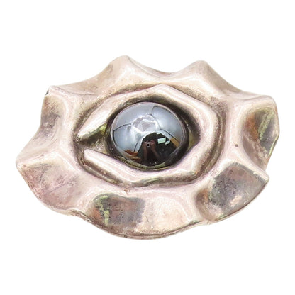 925 Sterling Silver  Vintage Hematite Dome Sculpted Shiny Pendant  PT17016