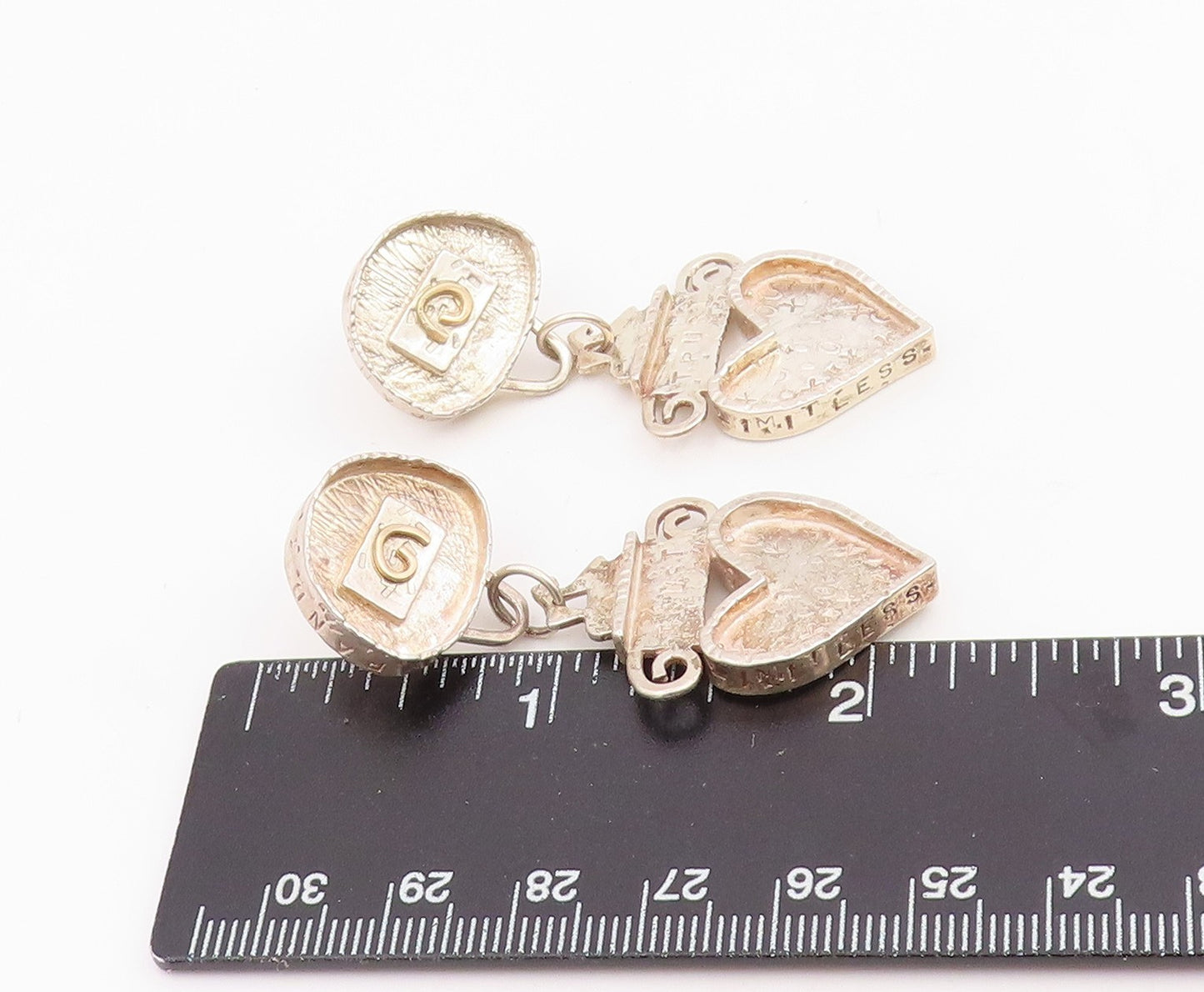 14k Gold & 925 Sterling Silver Vintage Earrings Love Heart Motif Dangle  EG14112