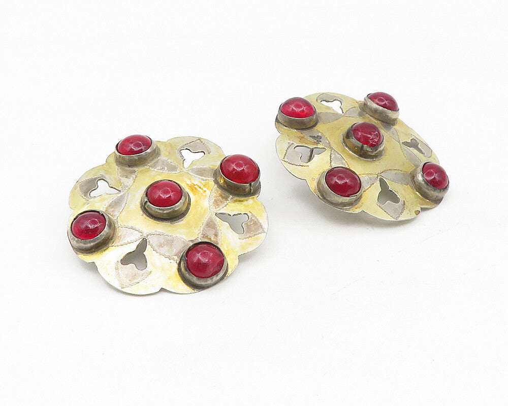 925 Sterling Silver  Vintage Cabochon Red Topaz Cutout Drop Earrings  EG5540