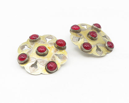 925 Sterling Silver  Vintage Cabochon Red Topaz Cutout Drop Earrings  EG5540
