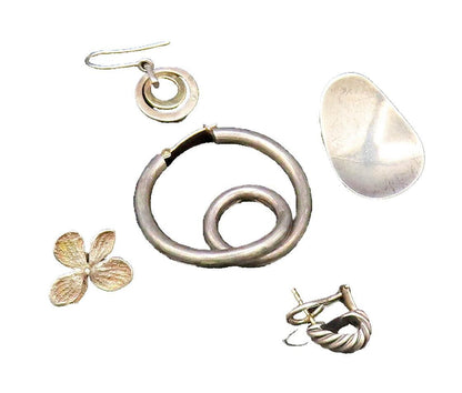 14K GOLD & 925 Silver  Vintage Two Tone Hoop Drop Singles Lot Earrings EG12050
