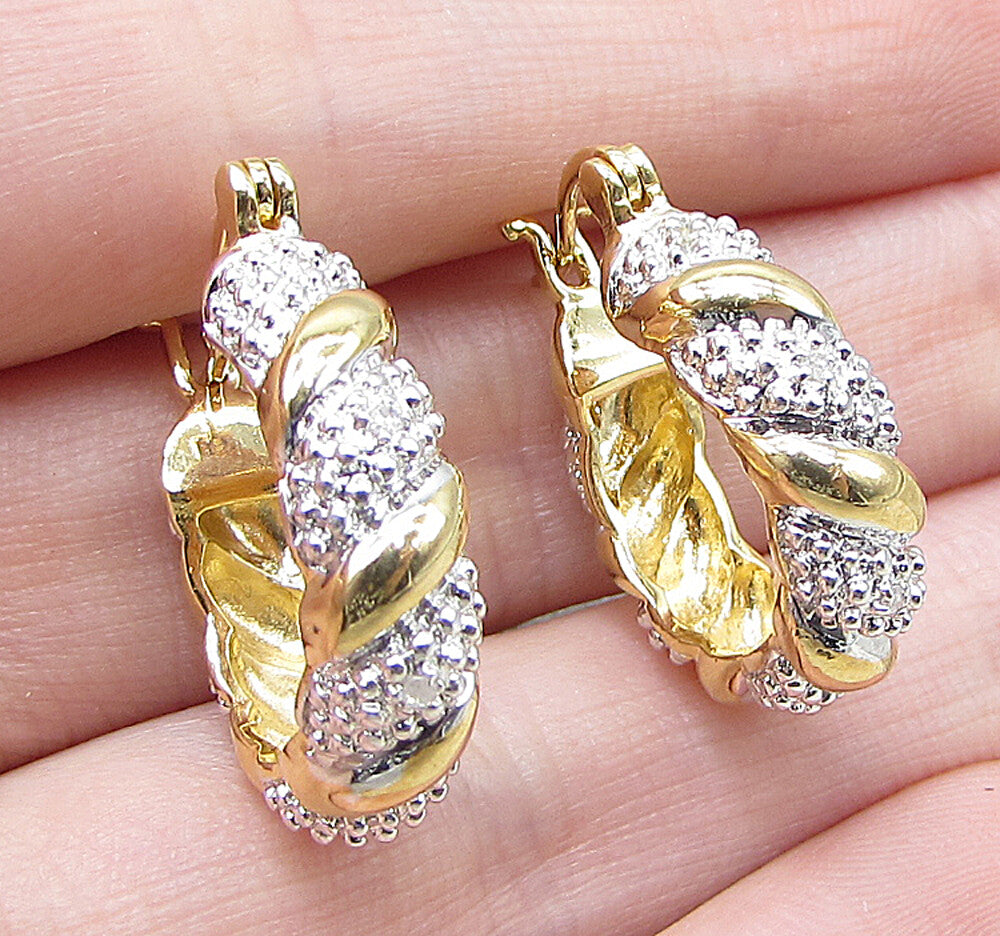Gold Over 925 Sterling Silver Genuine Diamonds Twisted Hoop Earrings EG1046