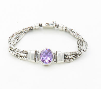 925 Silver  Vintage Purple Cubic Zirconia Byzantine Chain Bracelet  BT6578