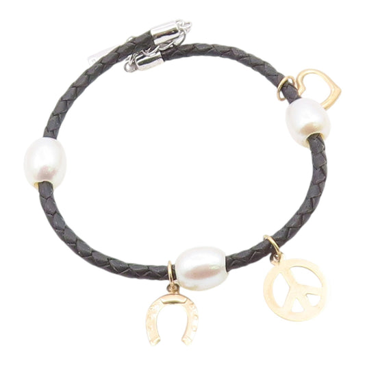 925 Silver & 14K GOLD  Vintage Pearls & Assorted Charms Rope Bracelet  BT8079