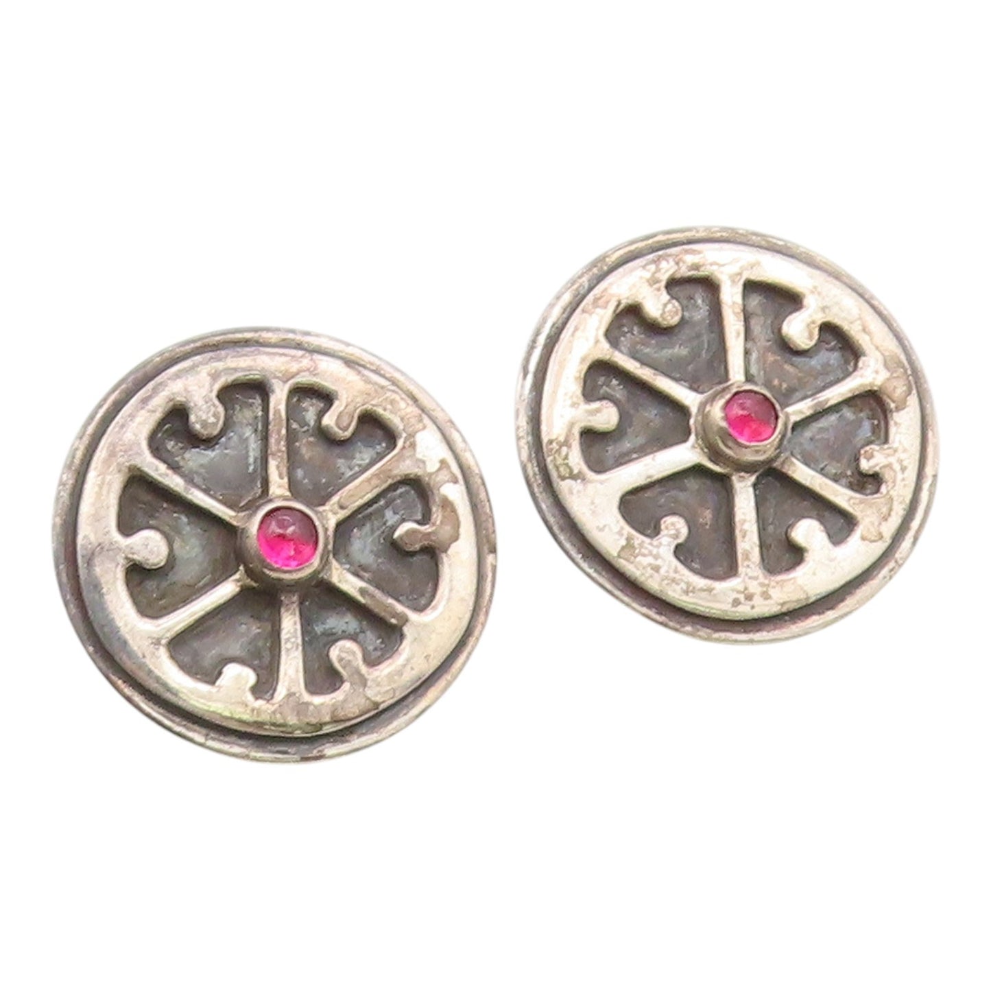 925 Sterling Silver Vintage Earrings Cabochon Garnet Geometric Wheel   EG14435