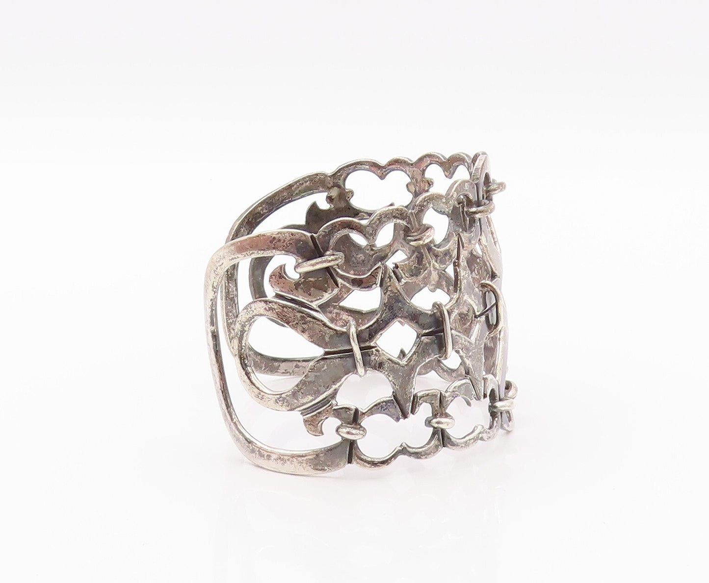 925 Sterling Silver Vintage Bracelet Dark Tone Cutout Heart Linked Cuff  BT11127