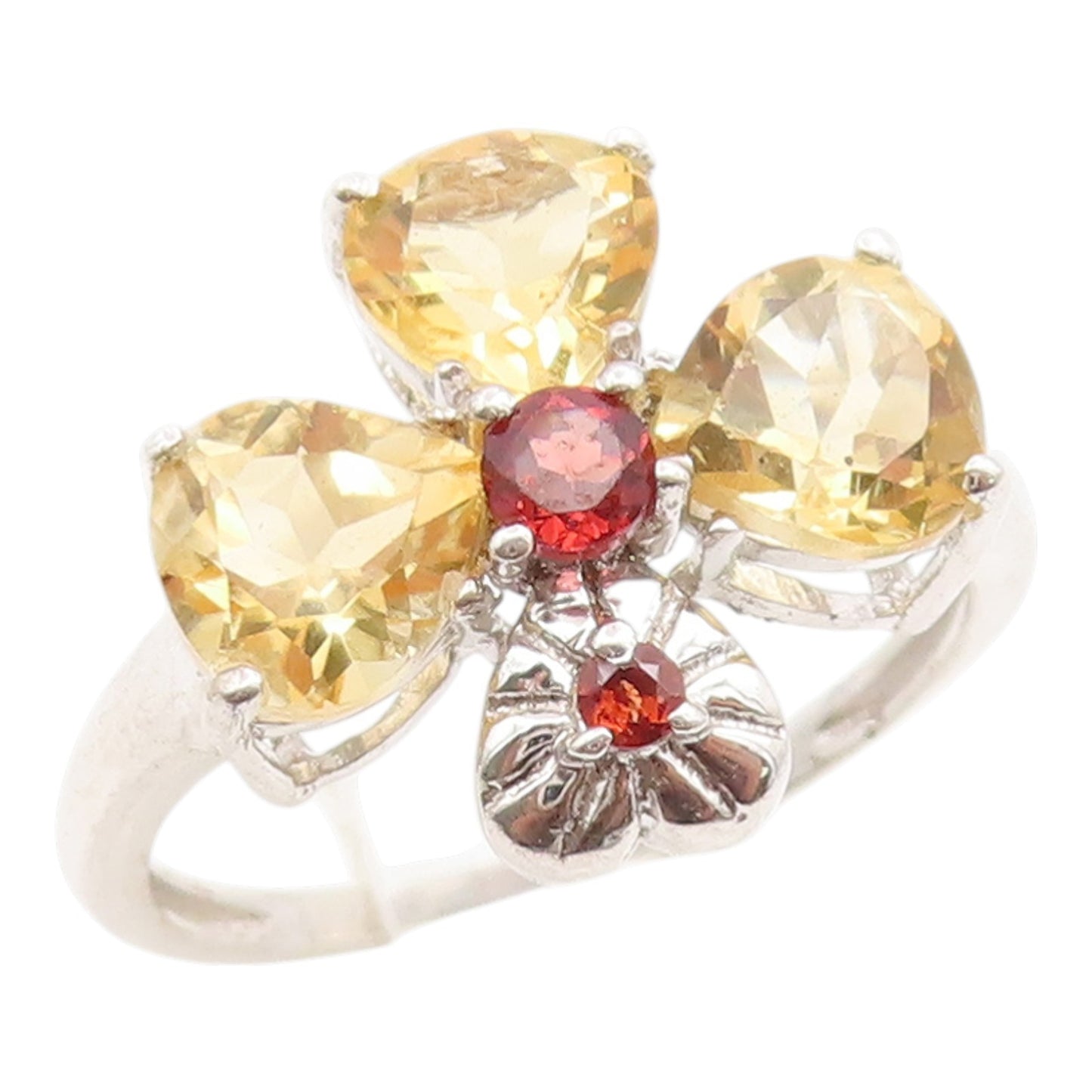 925 Sterling Silver Vintage Ring Citrine & Garnet Floral Petal  Sz 7  RG36172