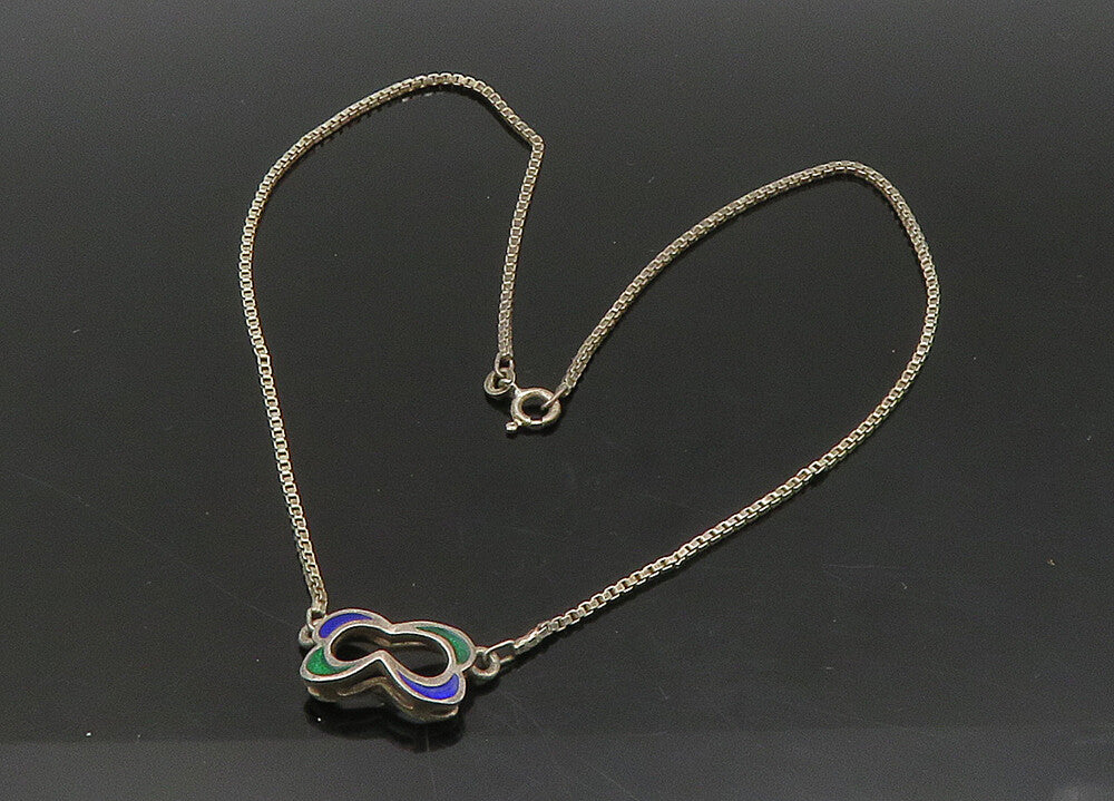925 Sterling Silver  Vintage Enamel Detail Box Link Chain Necklace  NE3724