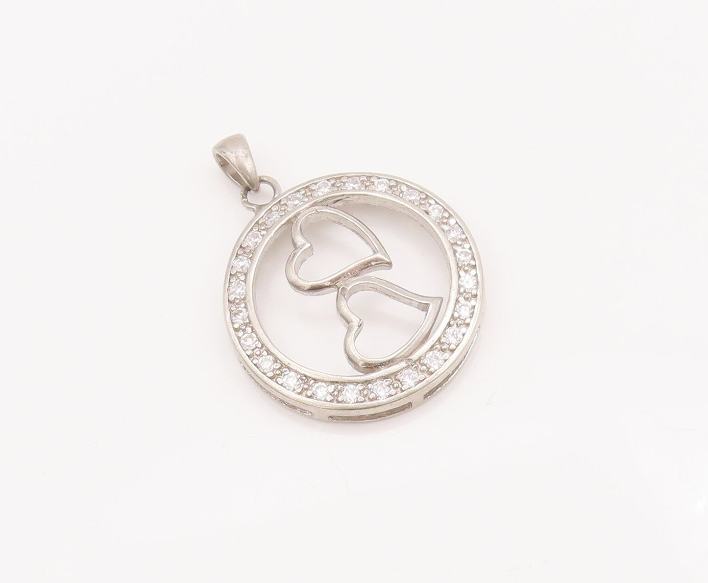 925 Sterling Silver Vintage Pendant Cutout Round CZ Framed Love Hearts  PT22999