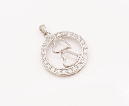 925 Sterling Silver Vintage Pendant Cutout Round CZ Framed Love Hearts  PT22999