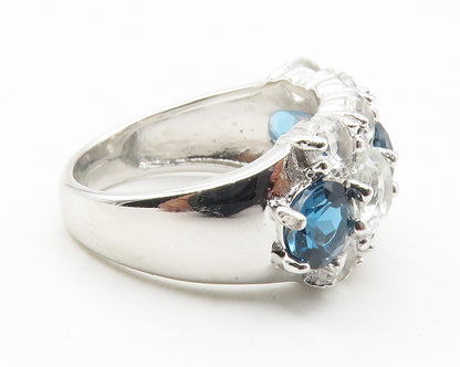 925 Sterling Silver  Blue & White Topaz 3 Row Shiny Band Ring Sz 5  RG11723