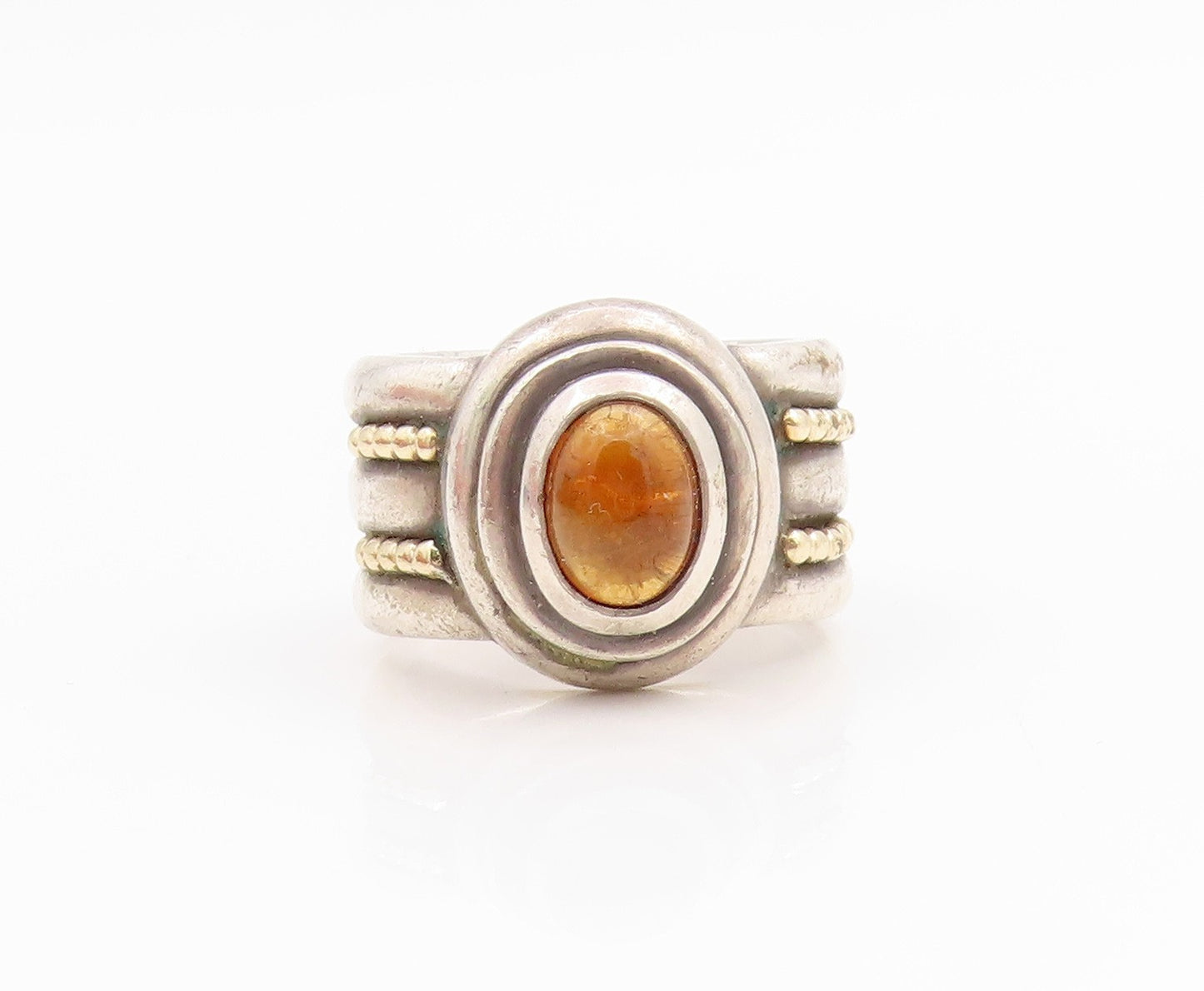 14k Gold & 925 Sterling Silver Vintage Ring ANITA SELINGER Amber  Sz 6  RG35759