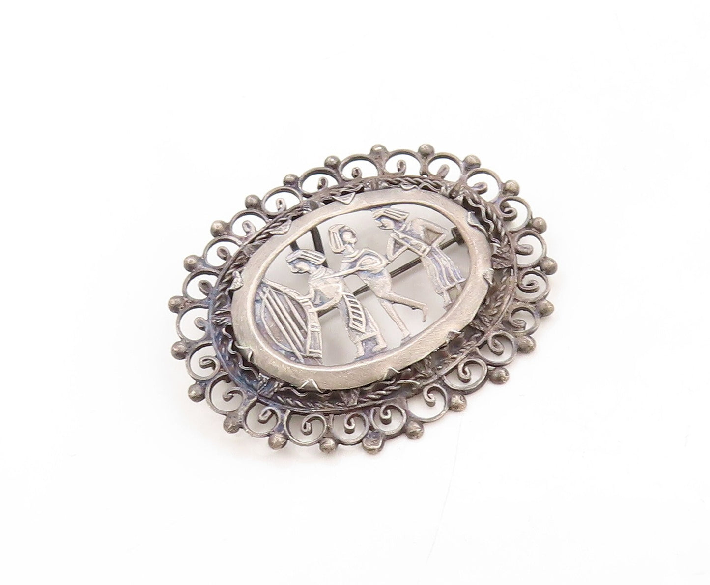 925 Sterling Silver Vintage Brooch Pin Dark Tone Trible Figures Carved  BP11335