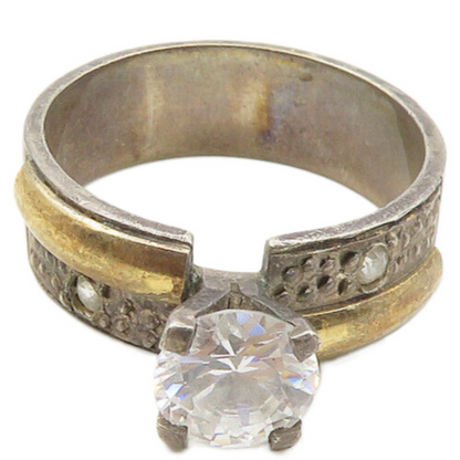 925 Silver & 14K GOLD  Vintage Cubic Zirconia Solitaire Ring Sz 8  RG18214