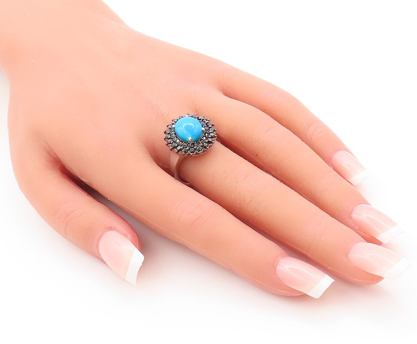 925 Sterling Silver Vintage Ring Cabochon Turquoise & Spinel Flower Sz 8 RG29758