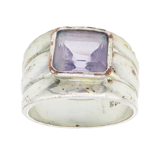 925 Sterling Silver  Vintage Amethyst Shiny Fluted Band Ring Sz 7.5  RG16057