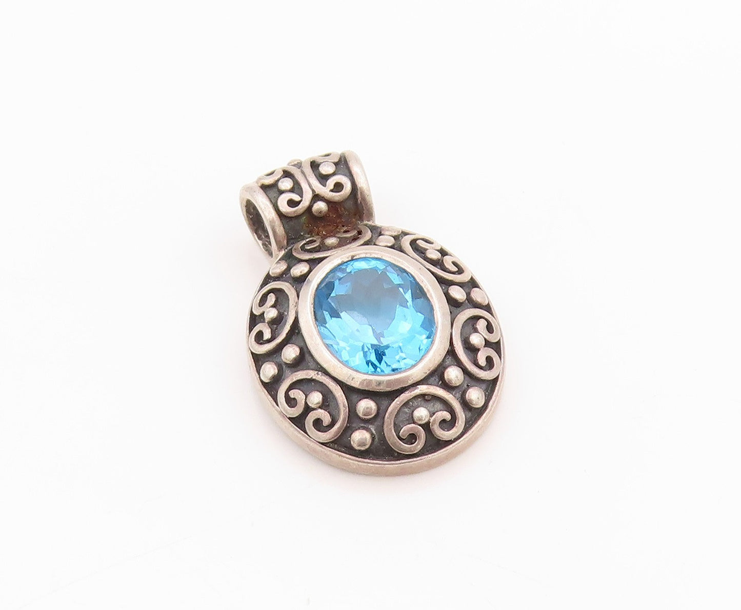 925 Sterling Silver Vintage Pendant Blue Oval Cut Topaz Swirly Carved  PT24413