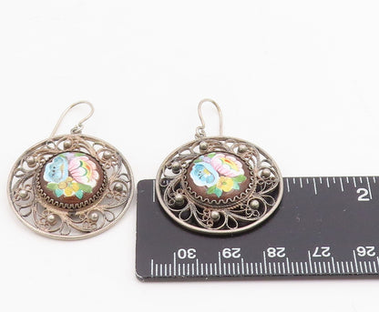 925 Sterling Silver Vintage Earrings Floral Enamel Filigree Dangle  EG14079