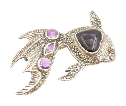 925 Sterling Silver Vintage Brooch Heart Shape Onyx & Amethyst Koi Fish  BP12302