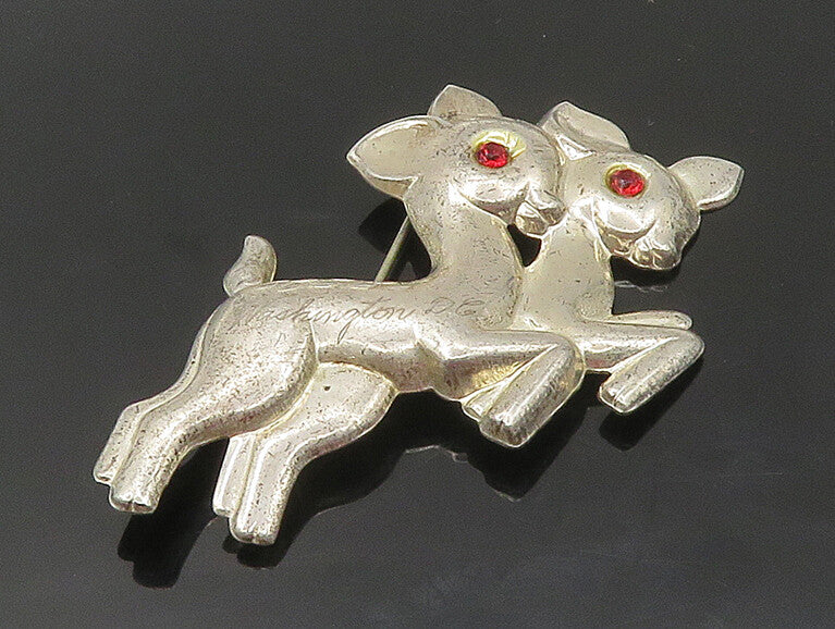 925 Sterling Silver  Vintage Red Topaz Prancing Baby Deer Brooch Pin  BP6719