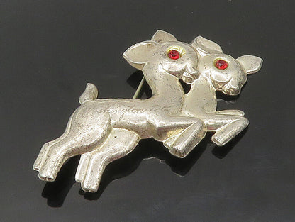 925 Sterling Silver  Vintage Red Topaz Prancing Baby Deer Brooch Pin  BP6719